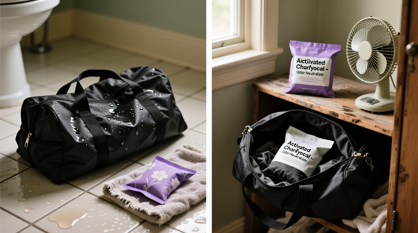 Side-by-side visual: left shows a damp, crumpled gym bag next to a faded lavender sachet; right shows the same bag, dry and open, with two labeled activated charcoal bags—one nestled inside, one resting on a wooden closet shelf beside a small fan