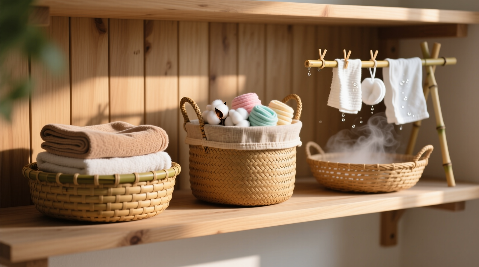 Three shallow, natural-fiber woven baskets on open wooden shelving: left holds flat-folded bamboo towels, center holds loose cotton rounds in a muslin-lined seagrass basket, right holds freshly washed rounds air-drying on a bamboo rack beside the basket