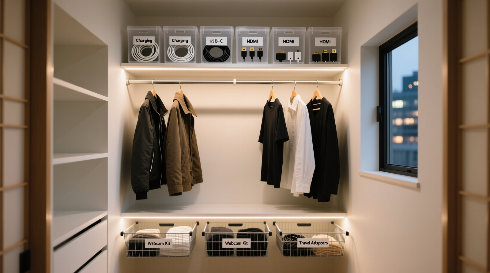 A narrow home office closet with clearly demarcated zones: top shelf holding labeled clear boxes of cables and adapters, mid-section with two parallel hanging rods (longer garments above, shorter tops below), lower section featuring three slide-out wire baskets labeled 'Charging,' 'Webcam Kit,' and 'Travel Adapters,' all lit by subtle under-shelf LED strips.