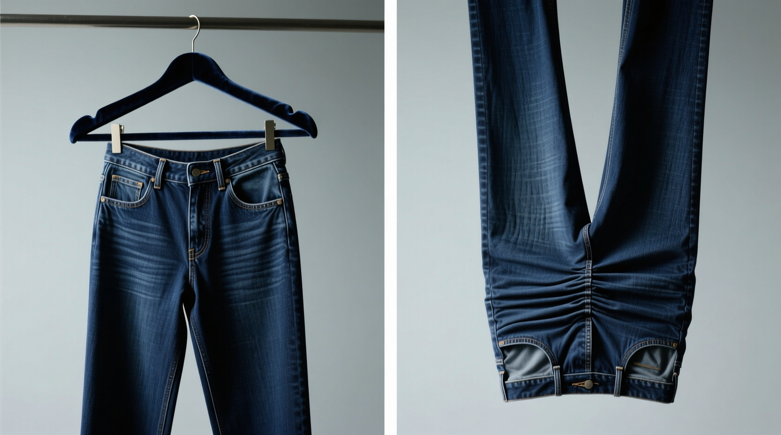 Side-by-side comparison: left shows jeans hung right-side up on a wide velvet hanger with smooth drape; right shows same jeans hung upside down, revealing pronounced horizontal creases across thighs and stretched, sagging waistband