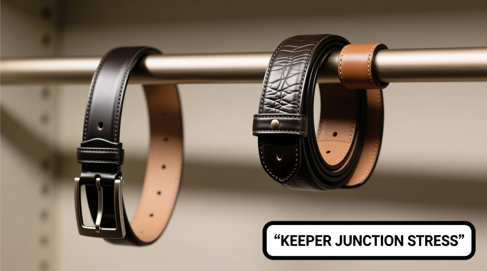 Close-up photo showing two identical designer belts: one hung flat on a closet rod using a low-profile metal belt loop, the other folded over a padded leather strap organizer bar—highlighting visible creasing at the keeper junction on the latter