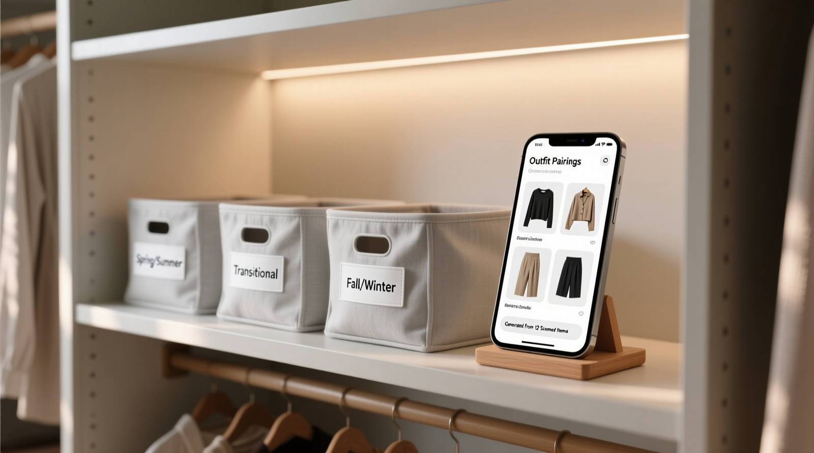 A minimalist closet with three labeled fabric bins (Spring/Summer, Transitional, Fall/Winter) beside a smartphone displaying a clean, uncluttered app interface showing only three outfit pairings generated from scanned items