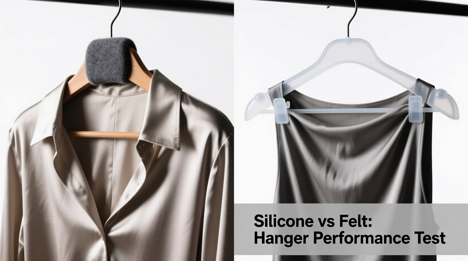 Side-by-side close-up: a satin blouse hanging securely on a wooden hanger wrapped with charcoal-gray felt pads versus the same blouse slipping off a hanger fitted with translucent silicone caps, showing visible shoulder distortion on the right