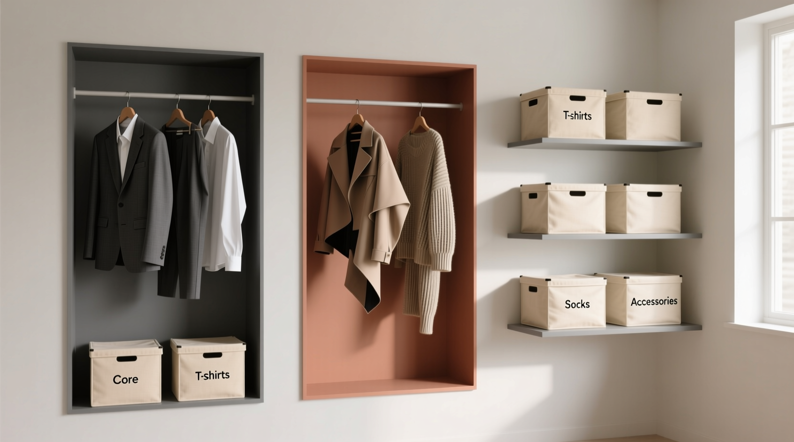 A minimalist closet with three clearly demarcated vertical zones: charcoal-hung core garments on left, terracotta-hung experimental pieces center, and oatmeal-labeled cotton bins stacked neatly on right shelf