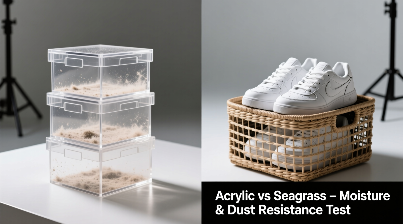 Side-by-side comparison: left shows neatly stacked clear acrylic boxes with visible dust buildup on interior surfaces; right shows ventilated woven seagrass bins holding identical shoe styles, no condensation or discoloration