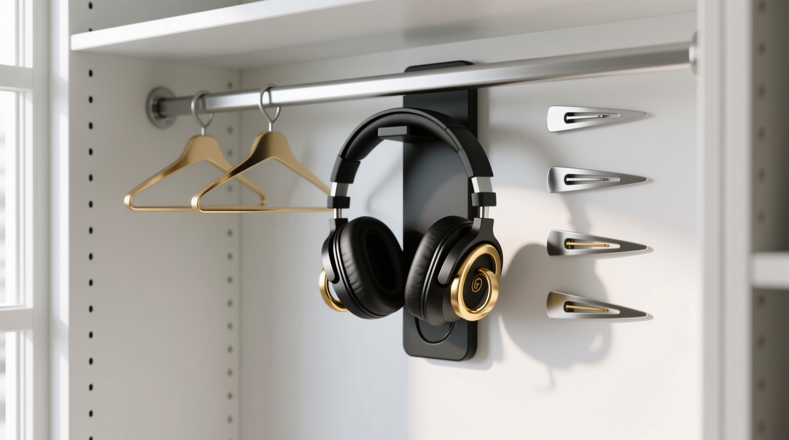 A matte black gaming headset stand mounted vertically on the inside of a white closet door, holding three gold ear cuffs suspended in the earcup cradle and five minimalist hair clips evenly spaced along its horizontal support arms. Natural light highlights clean lines and intentional negative space.