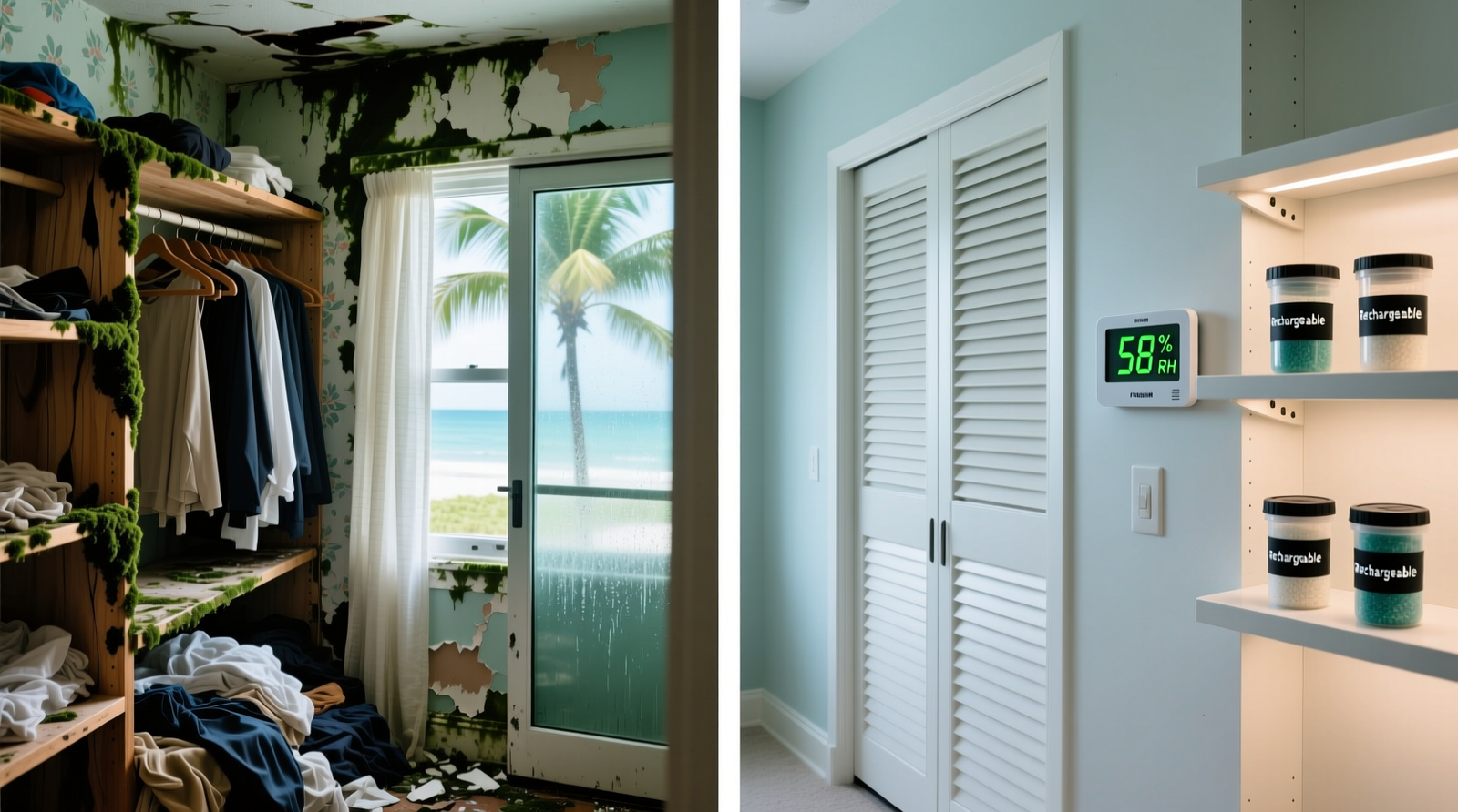 Side-by-side comparison: a cluttered, moisture-damaged closet in Miami with visible mildew spots on cedar shelves versus a streamlined, climate-aware closet featuring louvered doors, wall-mounted digital hygrometer at 58% RH, and labeled silica gel canisters on adjustable shelving