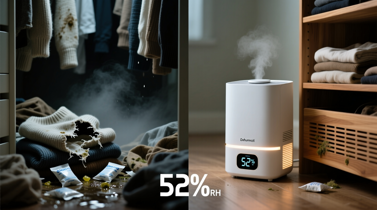 Side-by-side comparison: left shows silica gel packs scattered haphazardly behind folded sweaters in a damp closet; right shows a compact white dehumidifier placed low on the floor beside a ventilated cedar shelf, with a digital hygrometer reading 52% RH