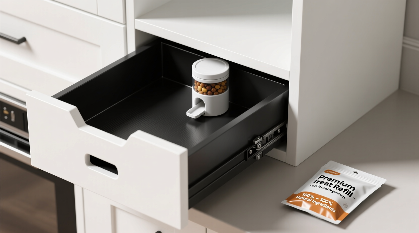 Cross-section diagram showing a white shaker-style base cabinet with a matte-black pull-out drawer insert containing a compact cylindrical treat dispenser; a subtle 1.25-inch access slot is visible at the drawer’s lower front edge, aligned with a labeled, food-grade refill pouch resting beside it
