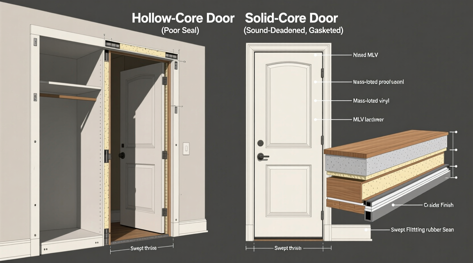 Side-by-side diagram showing a poorly sealed hollow-core closet door with visible light gaps versus a properly gasketed solid-core door with MLV strips concealed beneath trim and a swept threshold