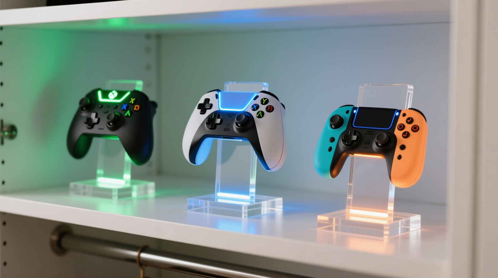 Three vertical acrylic controller stands on a white closet shelf: Xbox controller showing green LED top-left, DualSense showing blue LED center-top, and Joy-Con pair showing amber LED near grip—each indicator clearly lit and unobstructed