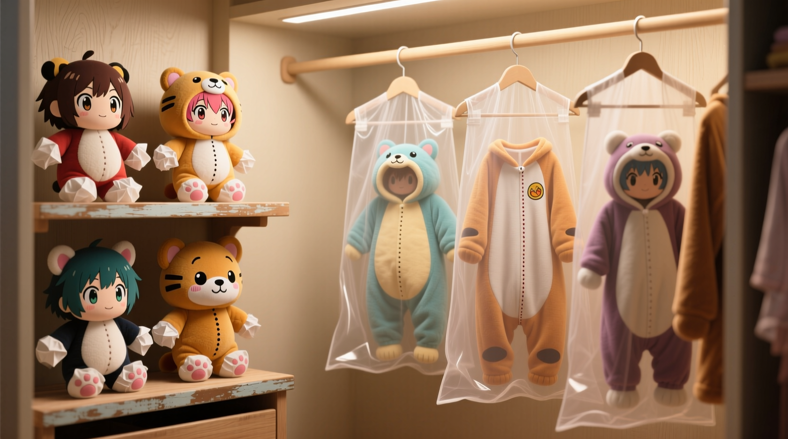 A well-lit closet section showing anime plushies standing upright on shallow wooden shelves with tissue-filled limbs, alongside kigurumi costumes hanging on wide padded hangers inside translucent cotton garment bags—no plastic, no stacking, no visible lint