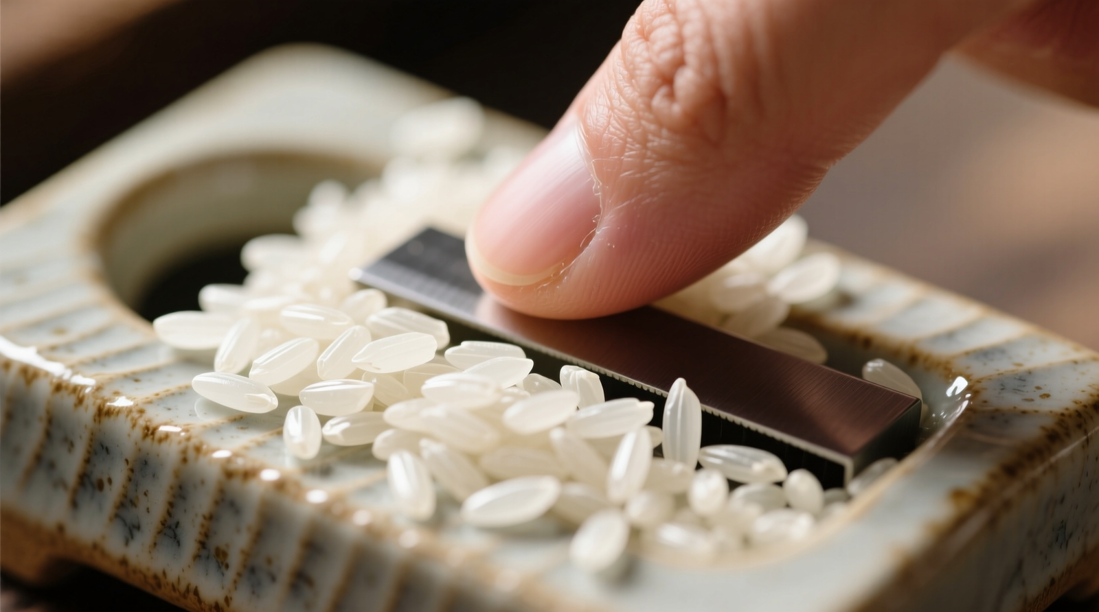 Close-up photograph showing uncooked white rice grains evenly scattered across the textured surface of a ceramic knife sharpener, with a fingertip applying soft, clockwise circular motion—no liquid, no tools, no residue visible