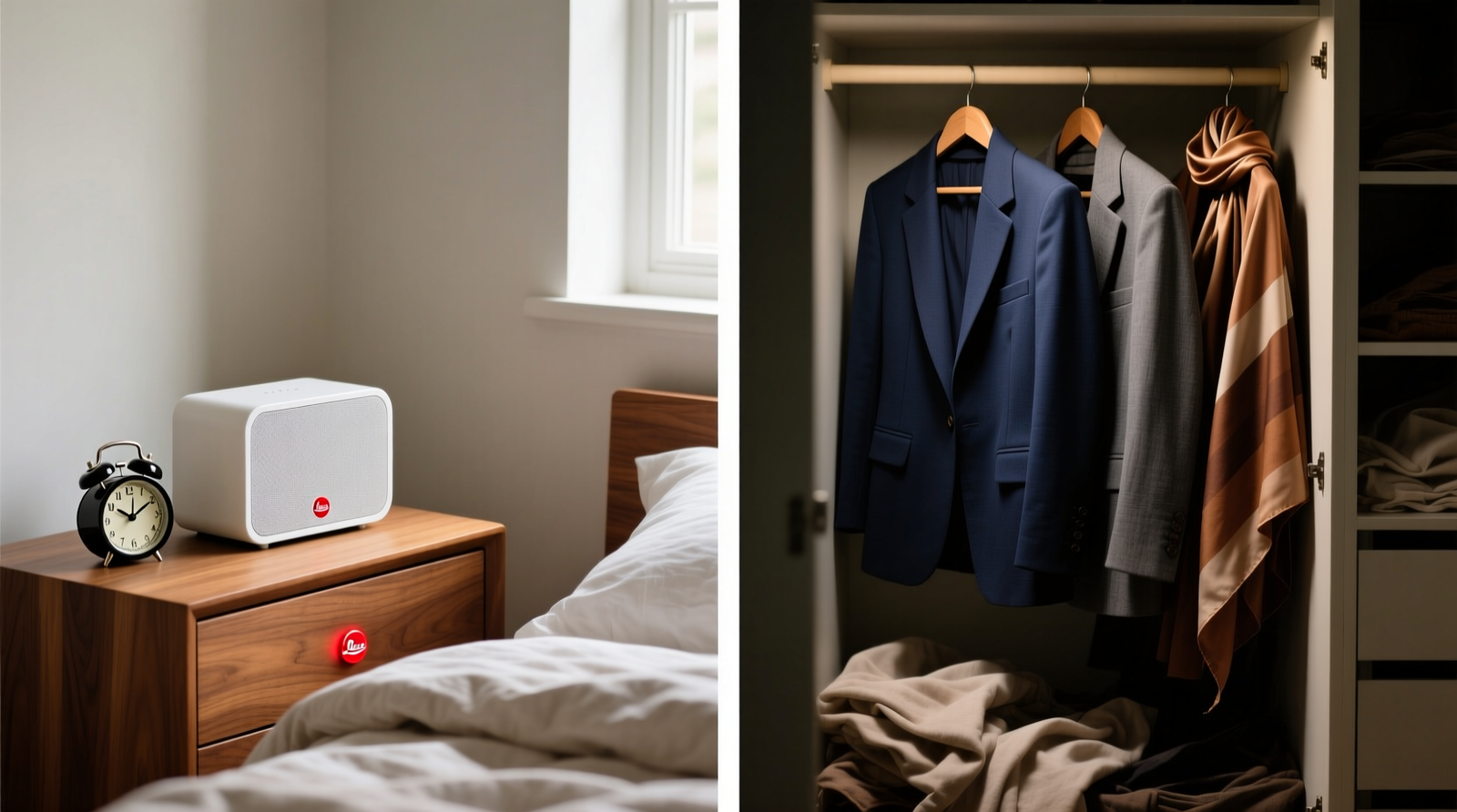 Side-by-side comparison: left shows a sleek white noise speaker mounted on a wooden nightstand beside a folded linen duvet and analog alarm clock; right shows the same speaker partially obscured inside an open closet, surrounded by hanging blazers and draped scarves—illustrating compromised placement and visual clutter