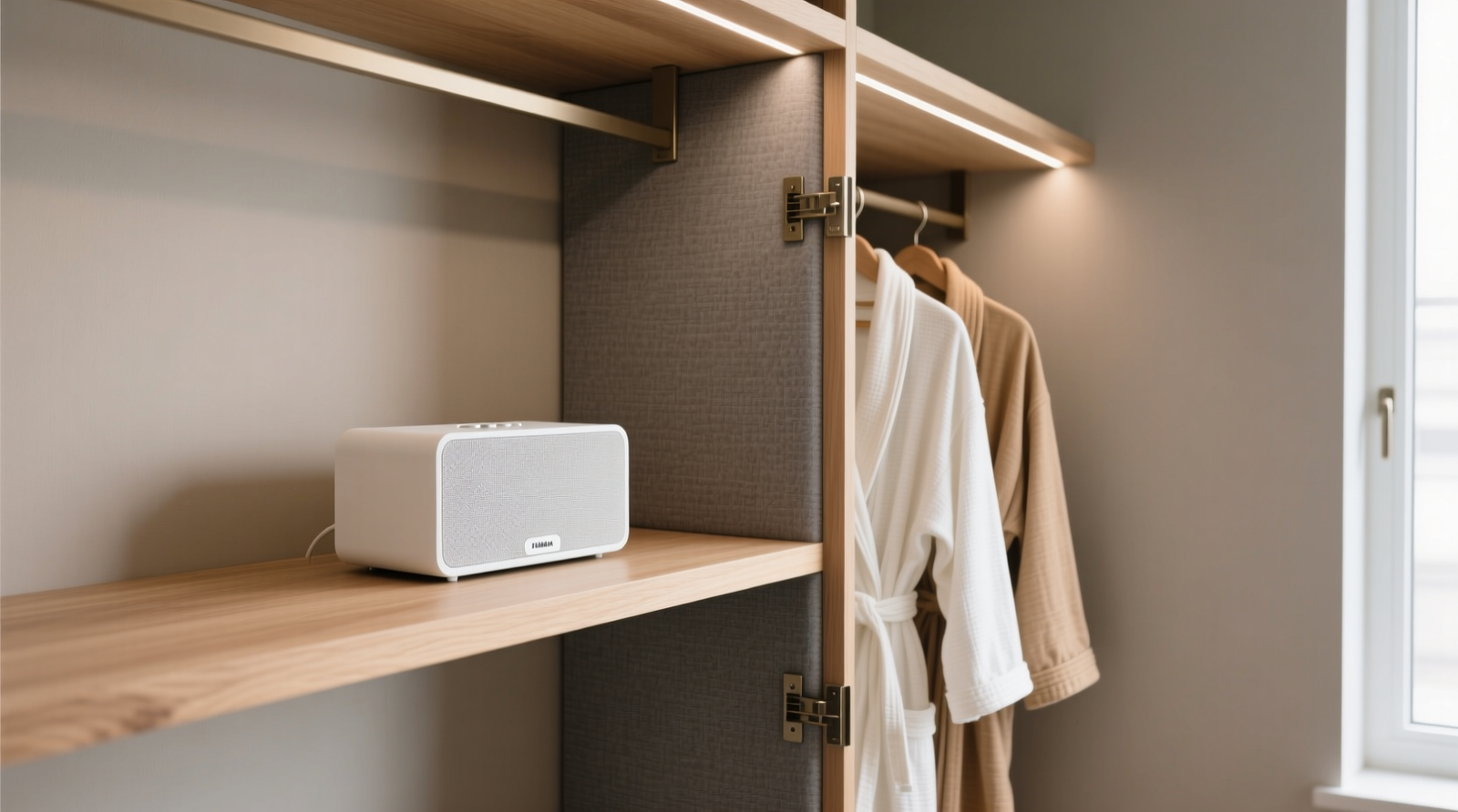 Close-up of a minimalist closet interior showing a compact white noise speaker mounted on a slim wooden shelf, angled downward, with one door panel covered in soft gray acoustic fabric and neatly hung linen robes visible beside it