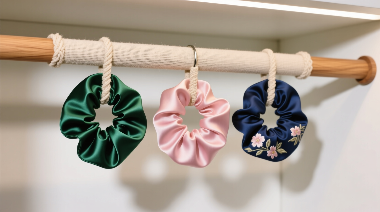 Close-up of three silk scrunchies suspended vertically on a fabric-wrapped loop hanger, each resting cleanly on its seam with no overlapping or twisting, against a matte white closet backdrop