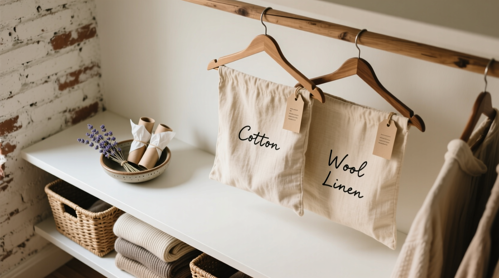 Overhead view of a minimalist closet with beige linen garment bags hanging on reclaimed oak hangers, each subtly labeled with fabric tags; folded knits stacked in open-weave seagrass bins beside a small ceramic dish holding dried lavender and compostable tissue paper rolls