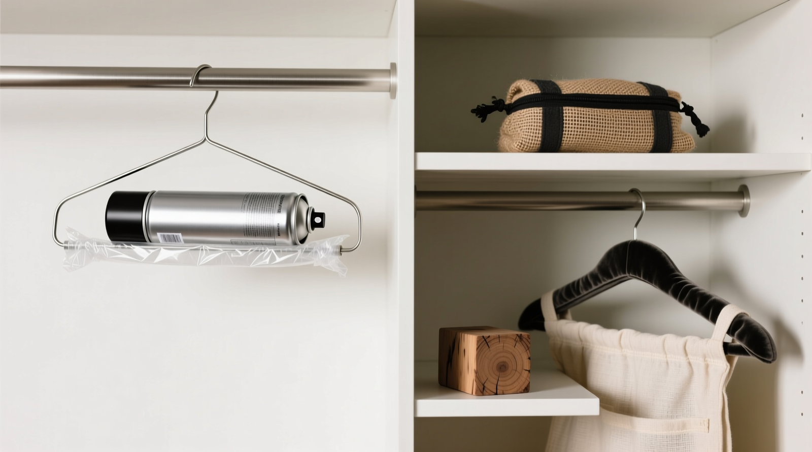 Side-by-side closet setup: left shows aerosol can and plastic-wrapped extensions on metal hanger; right shows charcoal pouch on top shelf, cedar block on bottom shelf, and extensions draped over padded hanger inside open cotton bag