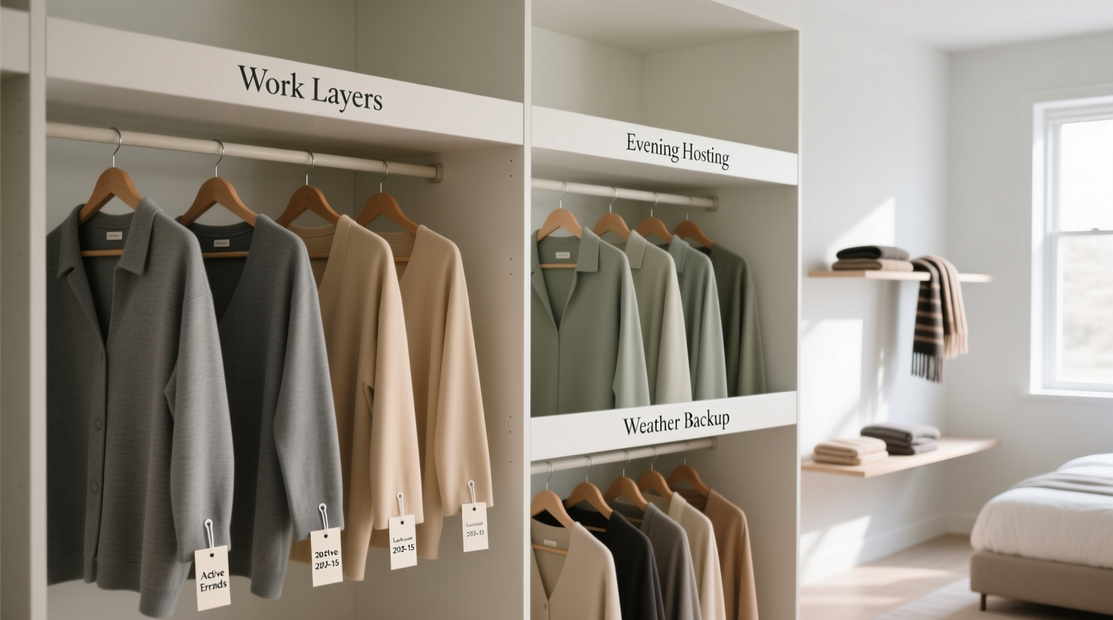 A well-lit closet showing labeled, evenly spaced hangers with grouped categories: 'Work Layers,' 'Active Errands,' 'Evening Hosting,' and 'Weather Backup'—all in consistent, muted tones with visible garment tags noting last wear date