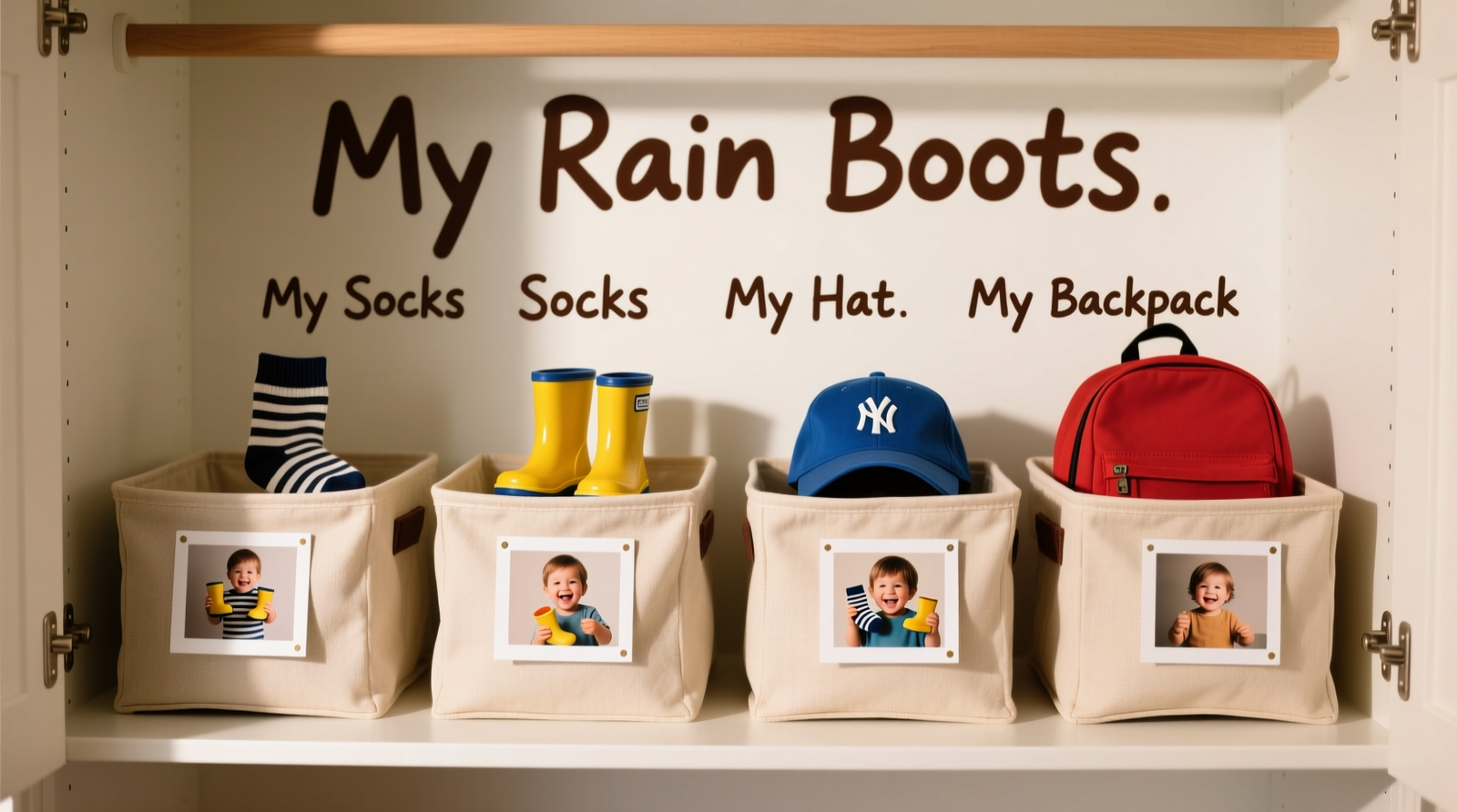 A child’s open closet showing four low, front-facing fabric bins labeled with laminated cards: each card displays a clear photo of the child wearing or holding the item (e.g., striped socks, yellow rain boots), paired with a handwritten phrase like 'My Rain Boots' in large, bold letters. No other text or decoration is visible.