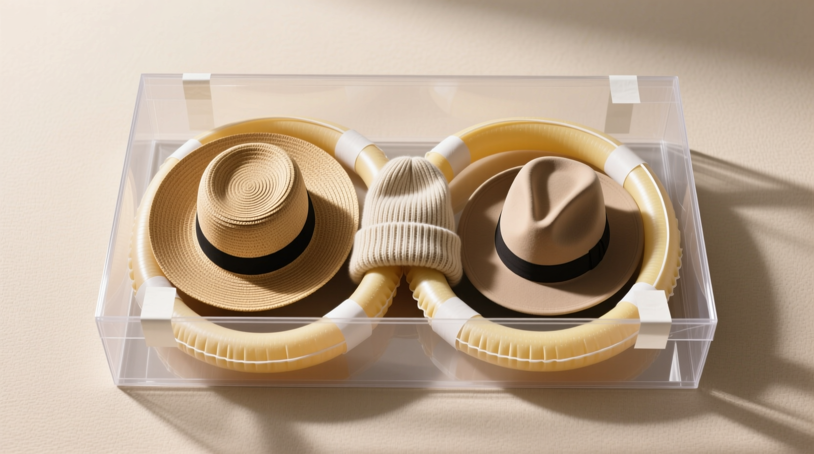 Top-down photo of a clear plastic sweater box containing three hats nestled in curved pool noodle halves—one underneath and one gently resting atop, secured with discreet white double-sided tape at both ends