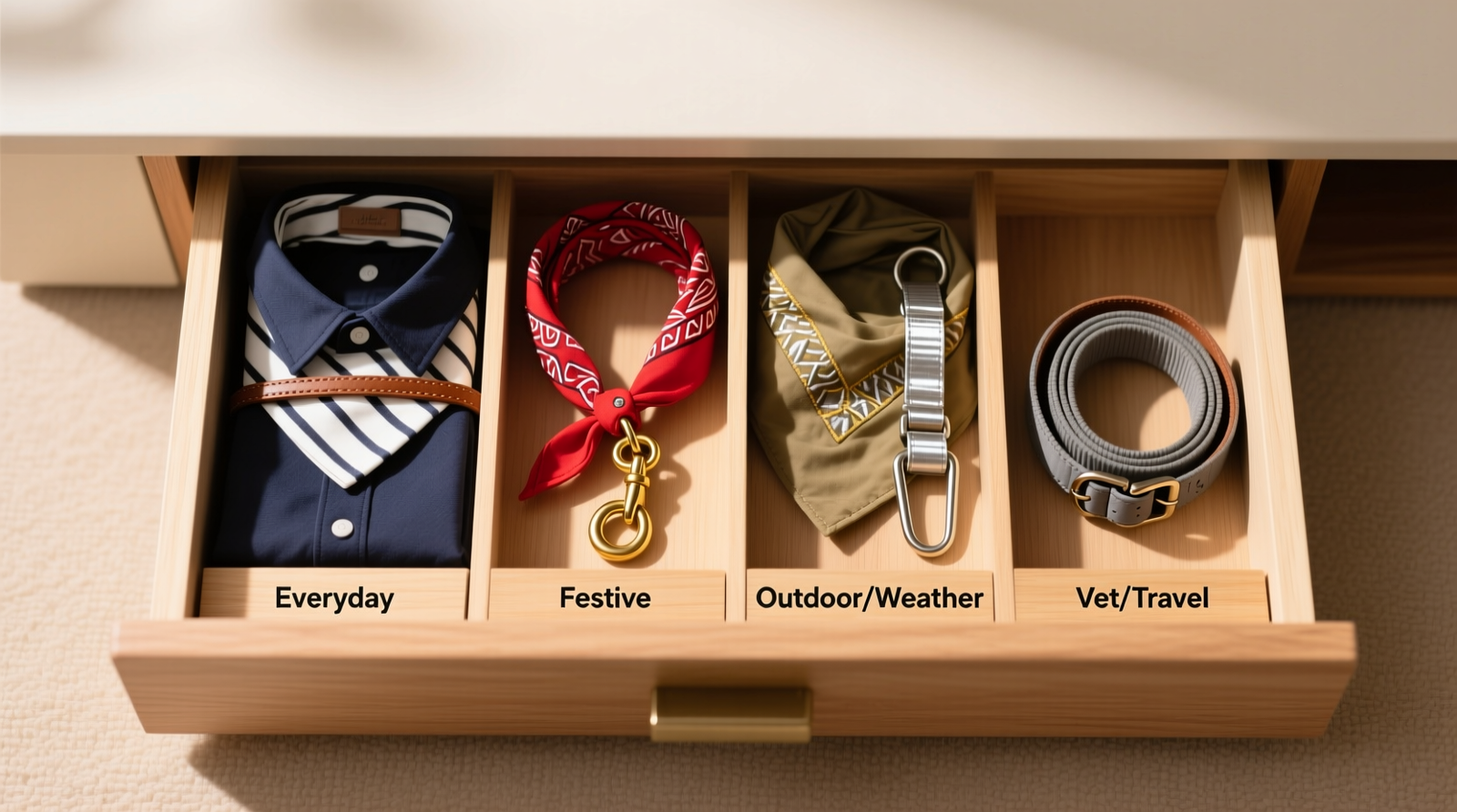Top-down view of a shallow 16-inch drawer divided into four labeled, vertically aligned compartments: Everyday (navy collar + striped bandana), Festive (red bandana + gold-embroidered leash), Outdoor/Weather (khaki bandana + reflective leash), Vet/Travel (gray collar + compact nylon leash). All items neatly nested, no overlapping or folding distortion.