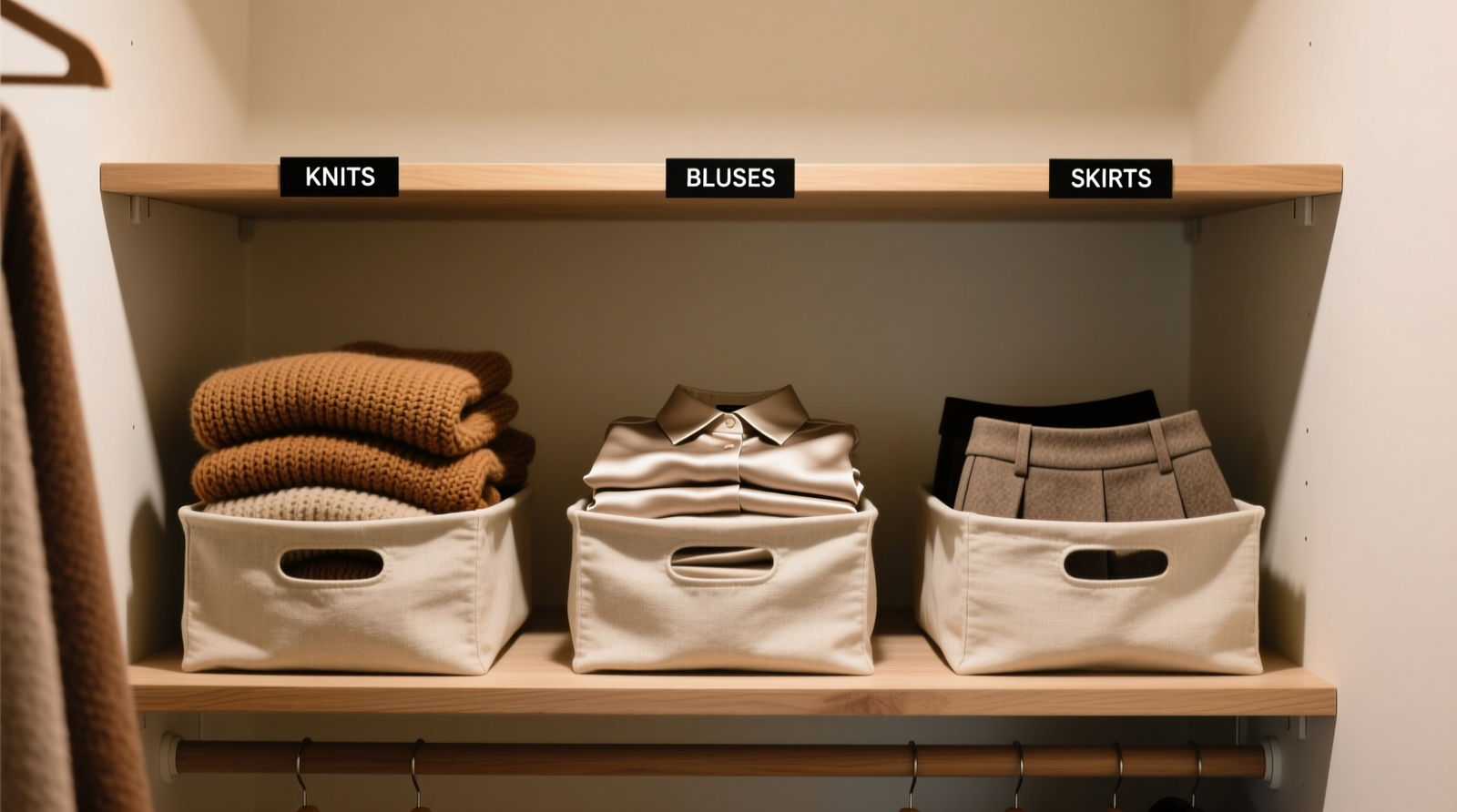 A narrow closet interior showing three shallow, matte-finish linen bins on open shelving: left bin holds chunky knit sweaters, center holds smooth rayon blouses folded flat, right holds structured wool skirts—each labeled clearly in black sans-serif font with minimal text. No hangers visible; lighting is soft and shadow-free.
