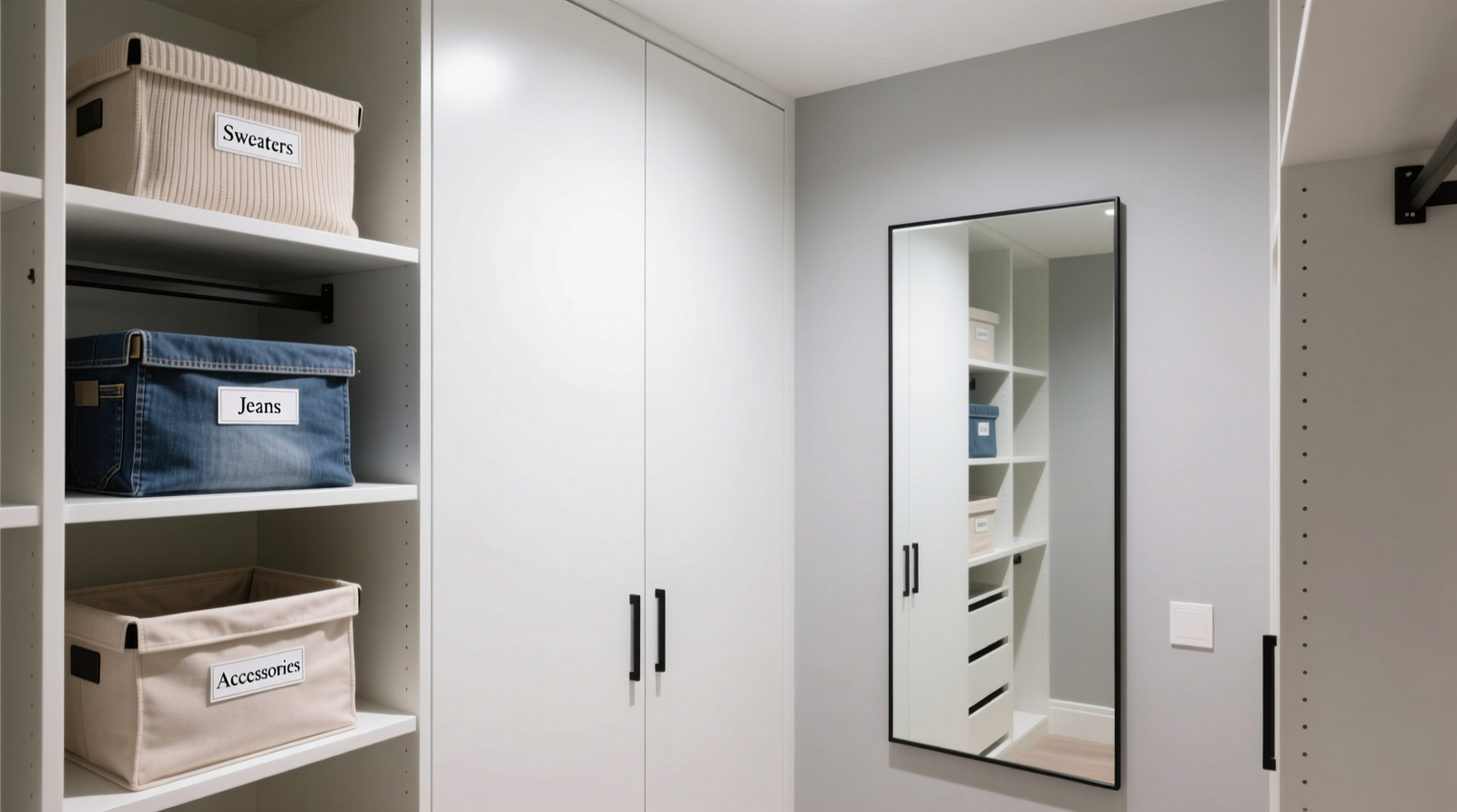 A minimalist closet interior with matte-finish white doors, labeled fabric bins on adjustable shelves, and a single full-length mirror mounted beside—not on—the closet frame
