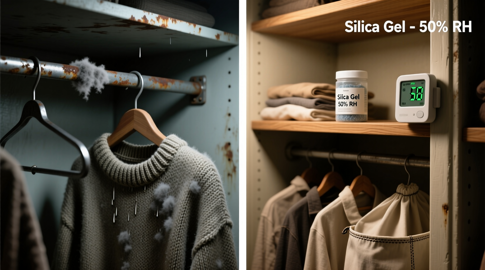 A compact digital hygrometer mounted discreetly on the inside of a cedar-lined closet door, next to a reusable blue silica gel pack in a breathable linen pouch, with a clean row of wool coats visible on hangers
