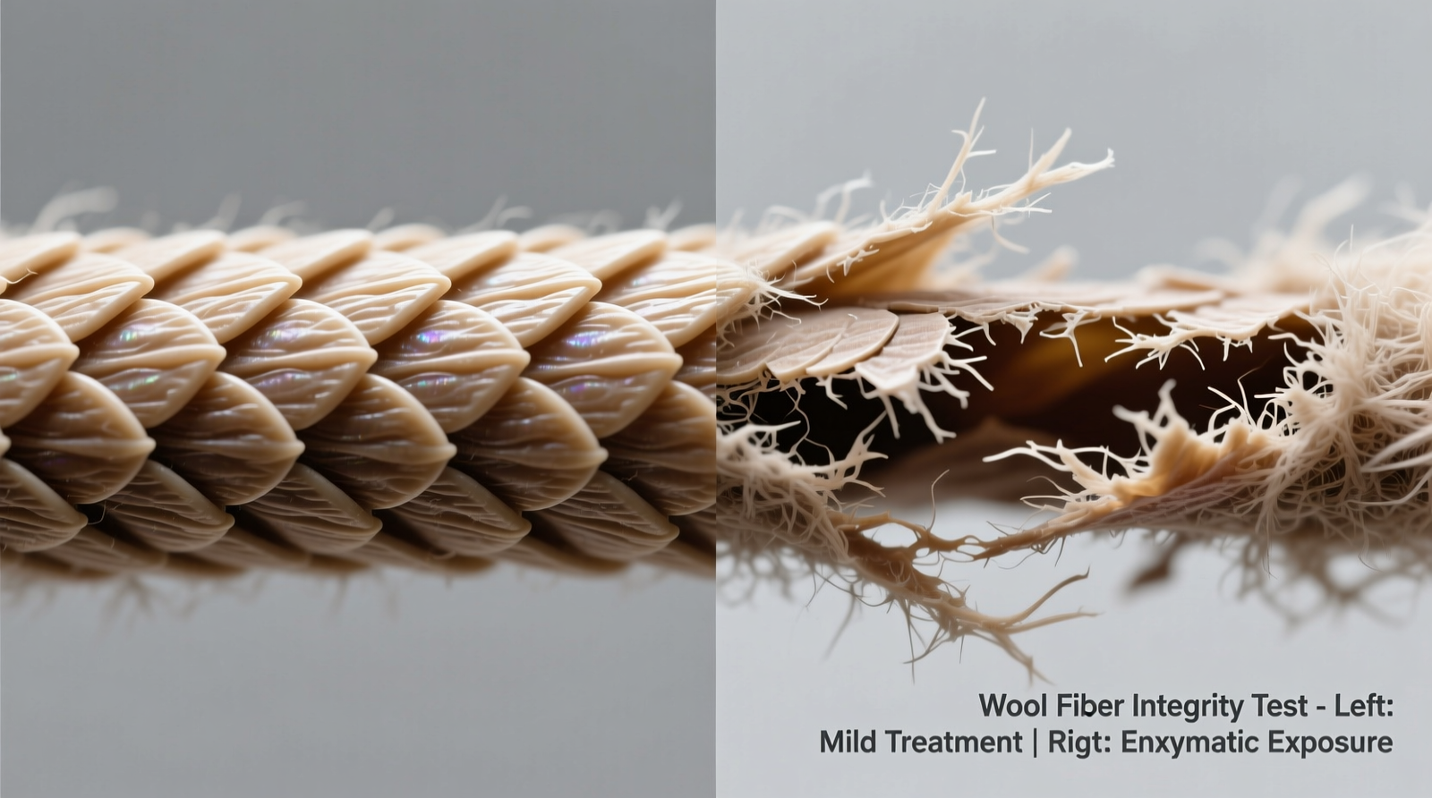 Close-up of a wool rug fiber under magnification: left side shows intact cuticle scales after cold brew + baking soda treatment; right side shows lifted, frayed scales after enzymatic cleaner exposure