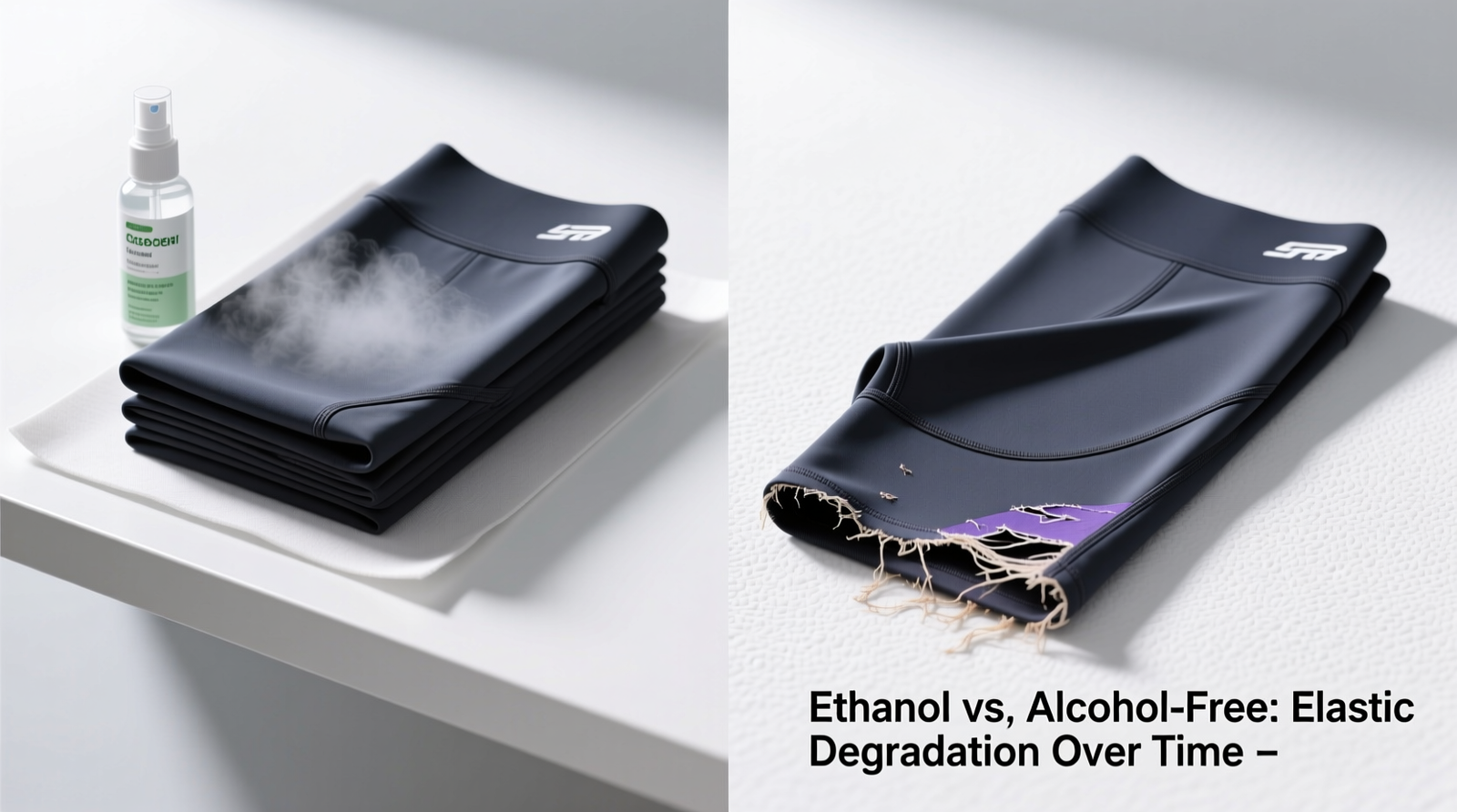 Side-by-side comparison of two identical nylon-spandex leggings: one stored with alcohol-free cedar-scented mist on shelf liner, the other exposed weekly to ethanol-based lavender spray—showing intact vs. visibly frayed elastic at hem
