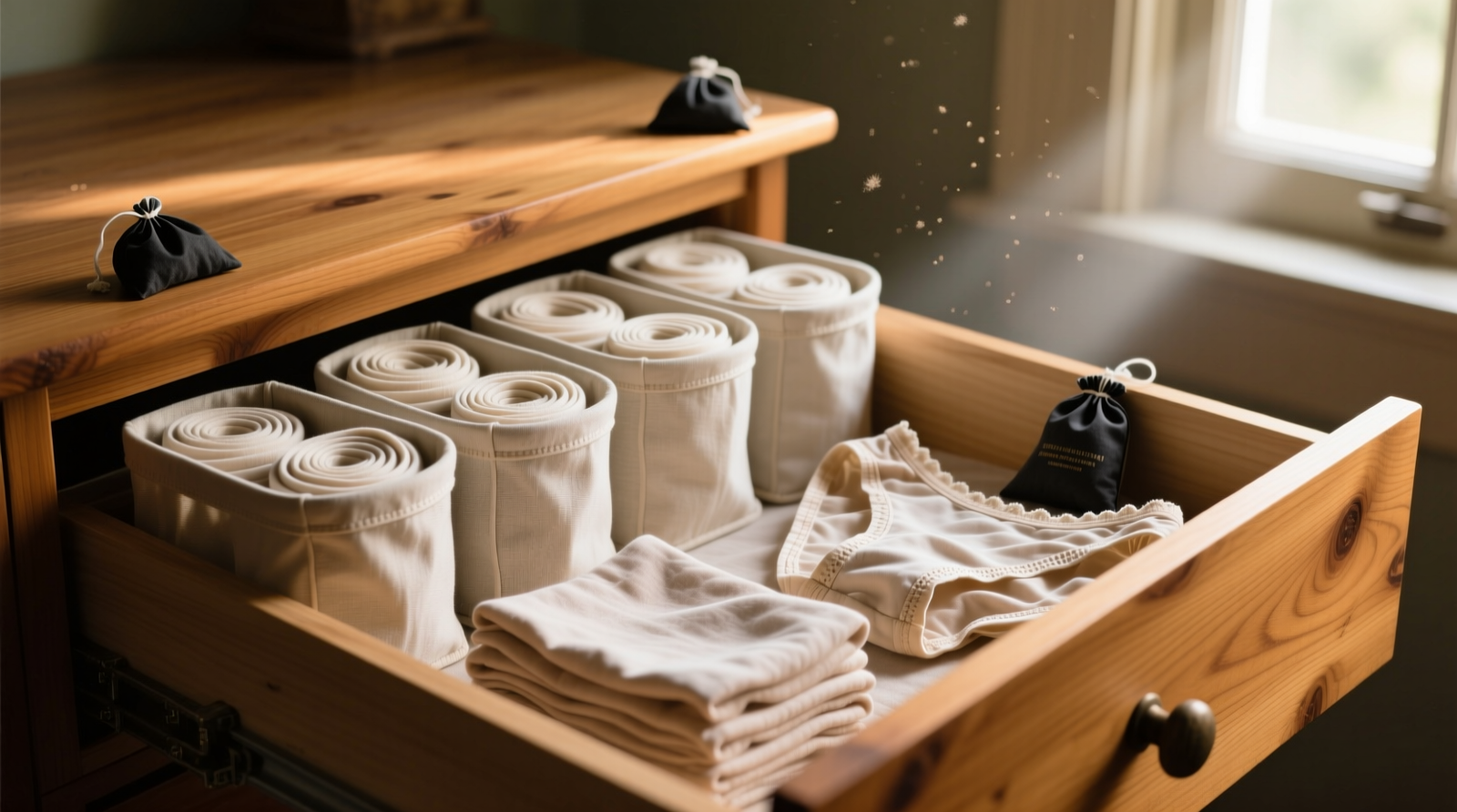 A well-organized cedar-lined drawer showing upright cotton bins holding rolled cloth pads beside neatly stacked period underwear in soft folds, all under gentle natural light with visible charcoal sachets tucked at rear corners
