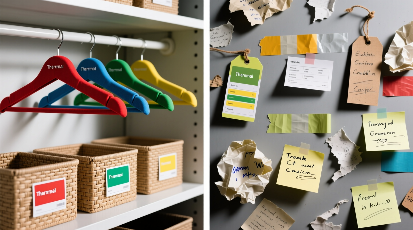 Side-by-side comparison: left shows crisp, color-coded thermal labels on matching hangers and woven bins; right shows faded, uneven handwritten tags on mismatched tape and sticky notes, some partially detached