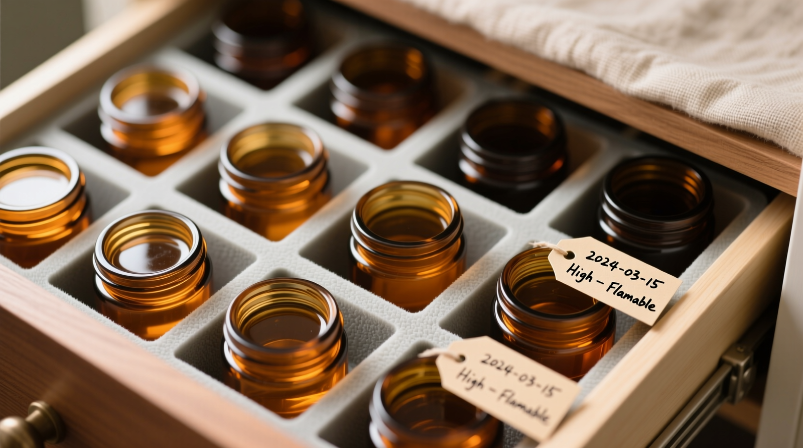 A well-lit, minimalist closet section showing three stackable matte-black acrylic boxes on a white-painted wooden shelf, each labeled with minimalist typography: 'EDT • 2023', 'EDP • 2022', 'PARFUM • 2021'. A small digital hygrometer reads 42% RH and 16.3°C. No other items visible.
