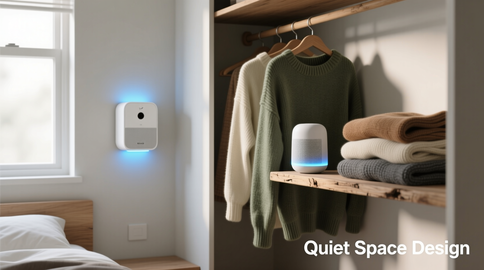 Side-by-side closet setup: left shows compact white noise machine mounted discreetly on interior wall near hanging rod; right shows nature sound diffuser sitting precariously on narrow closet shelf, partially obscured by folded sweaters