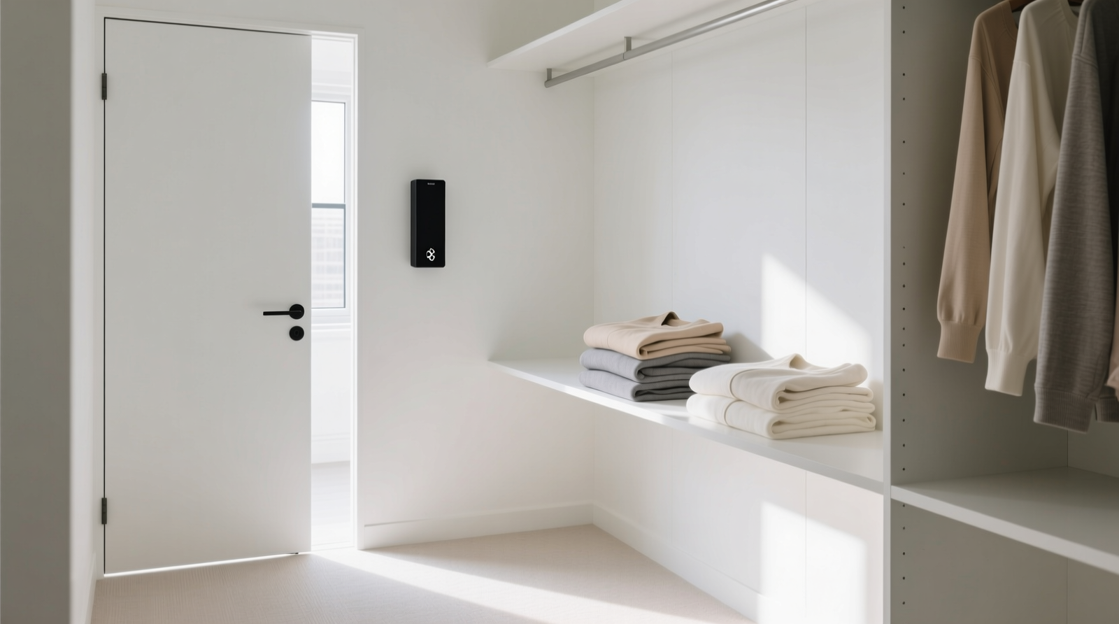A minimalist white closet interior with a slim, matte-black Bluetooth speaker mounted discreetly on the upper left corner of the interior door, facing inward; a neatly folded stack of neutral-toned clothing sits nearby, and soft natural light enters from a nearby window