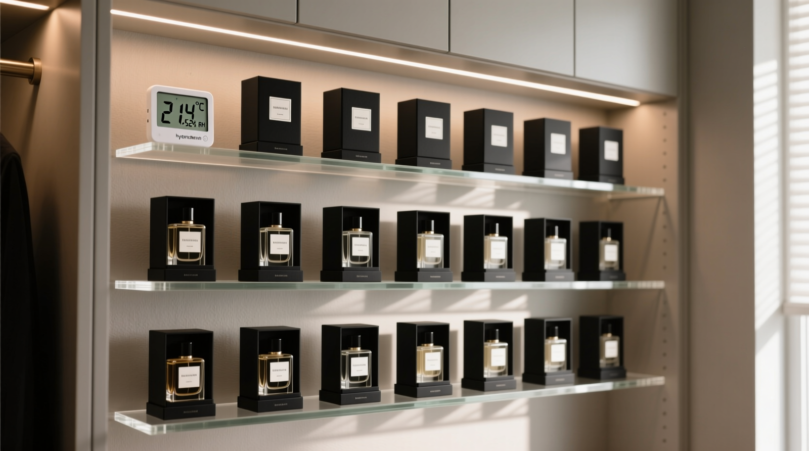 A minimalist interior-facing closet cabinet with labeled, upright perfume bottles arranged on non-porous acrylic shelves, each enclosed in matte black archival boxes; a digital hygrothermometer displays 21.4°C and 52% RH in the top corner