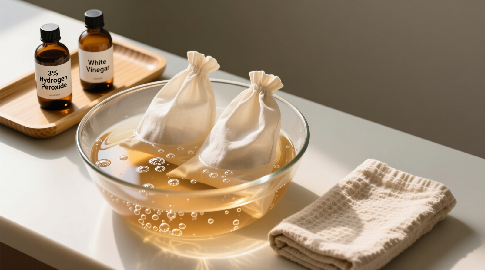 A flat-lay photo showing three polyester-blend reusable grocery bags submerged in a clear glass basin filled with a slightly effervescent, pale amber solution; beside it, labeled amber bottles of 3% hydrogen peroxide and white vinegar rest on a bamboo tray with a linen drying towel