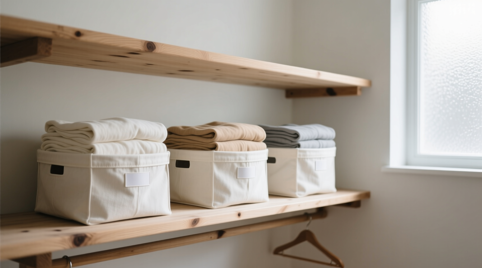 A calm, minimalist closet interior showing three identical off-white canvas bins on open wood shelves, each bin containing neatly folded garments in matching neutral tones; no visible labels, no hangers, no reflective surfaces, soft natural light filtering through a frosted window