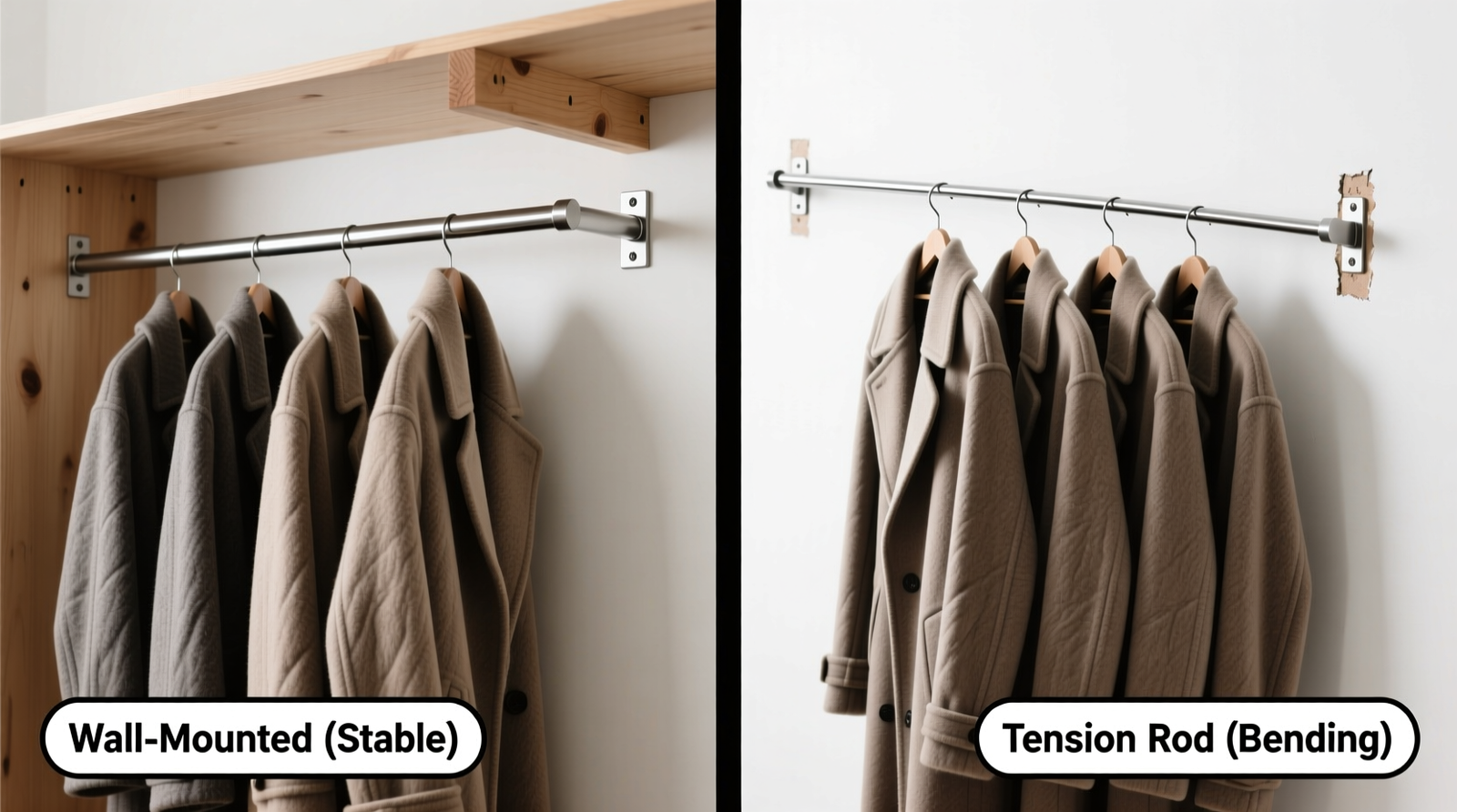 Side-by-side comparison showing a wall-mounted closet rod with centered support bracket installed into wood studs versus a tension rod visibly bending under six heavy wool coats