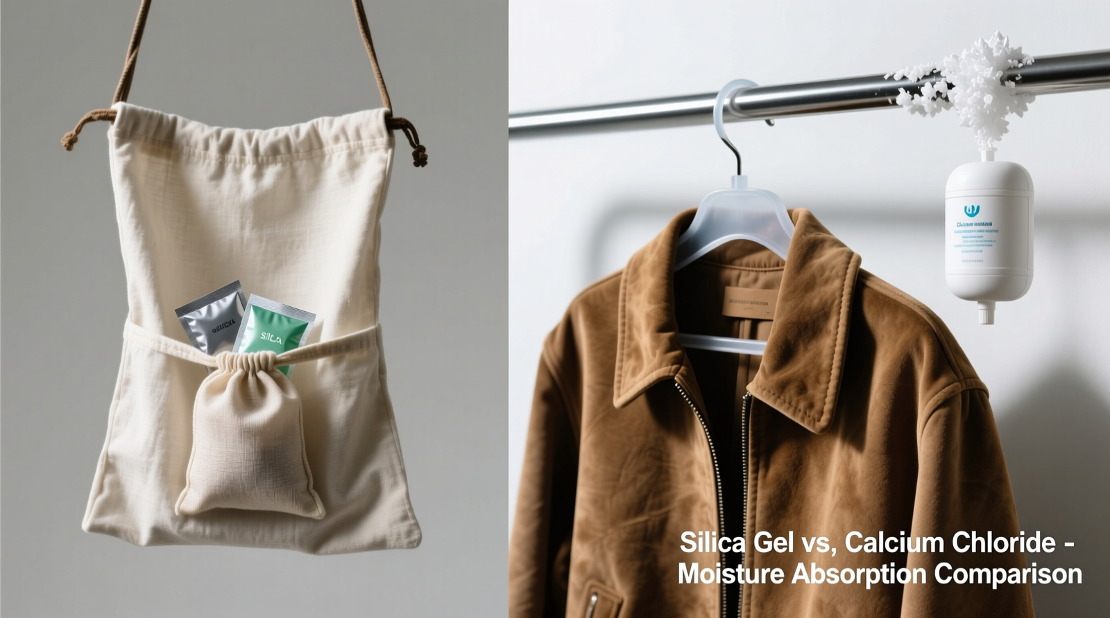 Side-by-side comparison: left shows a suede jacket hung in a cotton garment bag with visible muslin pouch containing silica gel; right shows same jacket draped over a plastic hanger near a calcium chloride dehumidifier pod, with visible white crystalline residue on the hanger bar