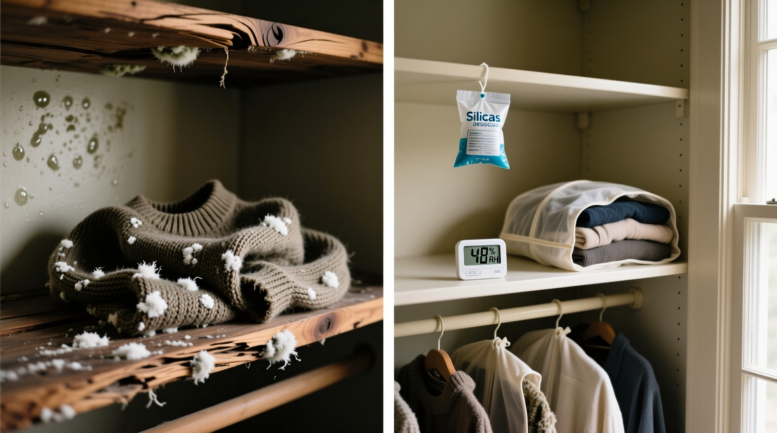 Two side-by-side closet interiors: left shows damp wool sweater with visible white mold spots and warped cedar shelf; right shows same closet with mounted silica gel bag on upper shelf, breathable cotton garment bags, and digital hygrometer reading 48% RH