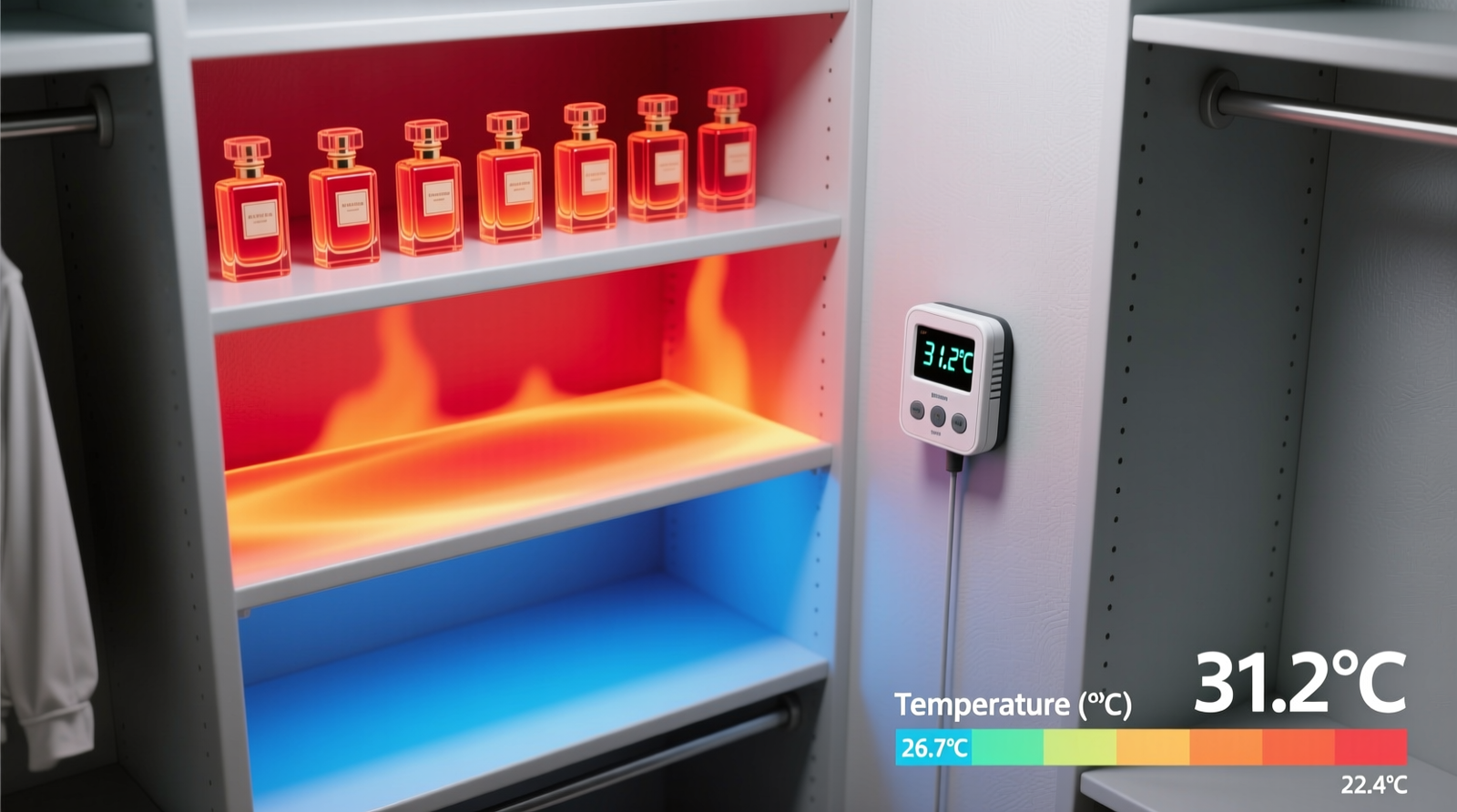 Side-by-side infrared thermal image showing temperature gradient across a standard reach-in closet: upper shelf at 31.2°C (red), middle shelf at 26.7°C (orange), floor level at 22.4°C (blue), with a compact temperature logger mounted vertically beside a row of perfume bottles on the upper shelf