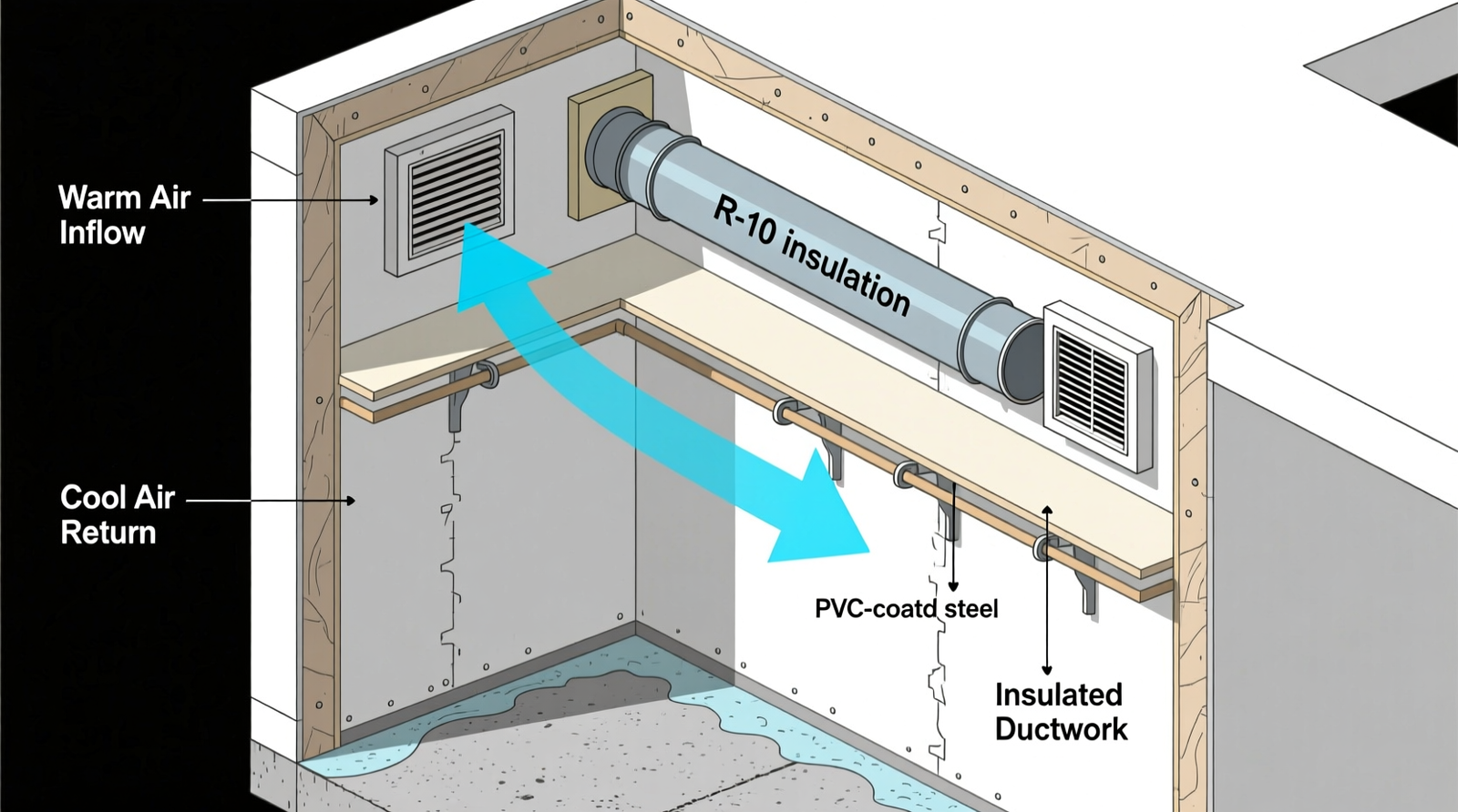 Cross-section diagram showing a basement closet with two wall-mounted passive vents connected by insulated rigid duct, arrows indicating upward warm-air flow into closet and downward cool-air return through opposite wall