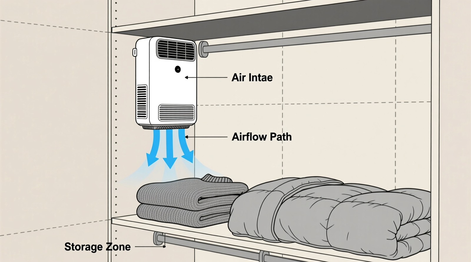 Side-view schematic of a standard reach-in closet showing a compact air purifier mounted on upper shelf, airflow arrows indicating upward intake and downward dispersion, with wool sweater and down duvet stored nearby
