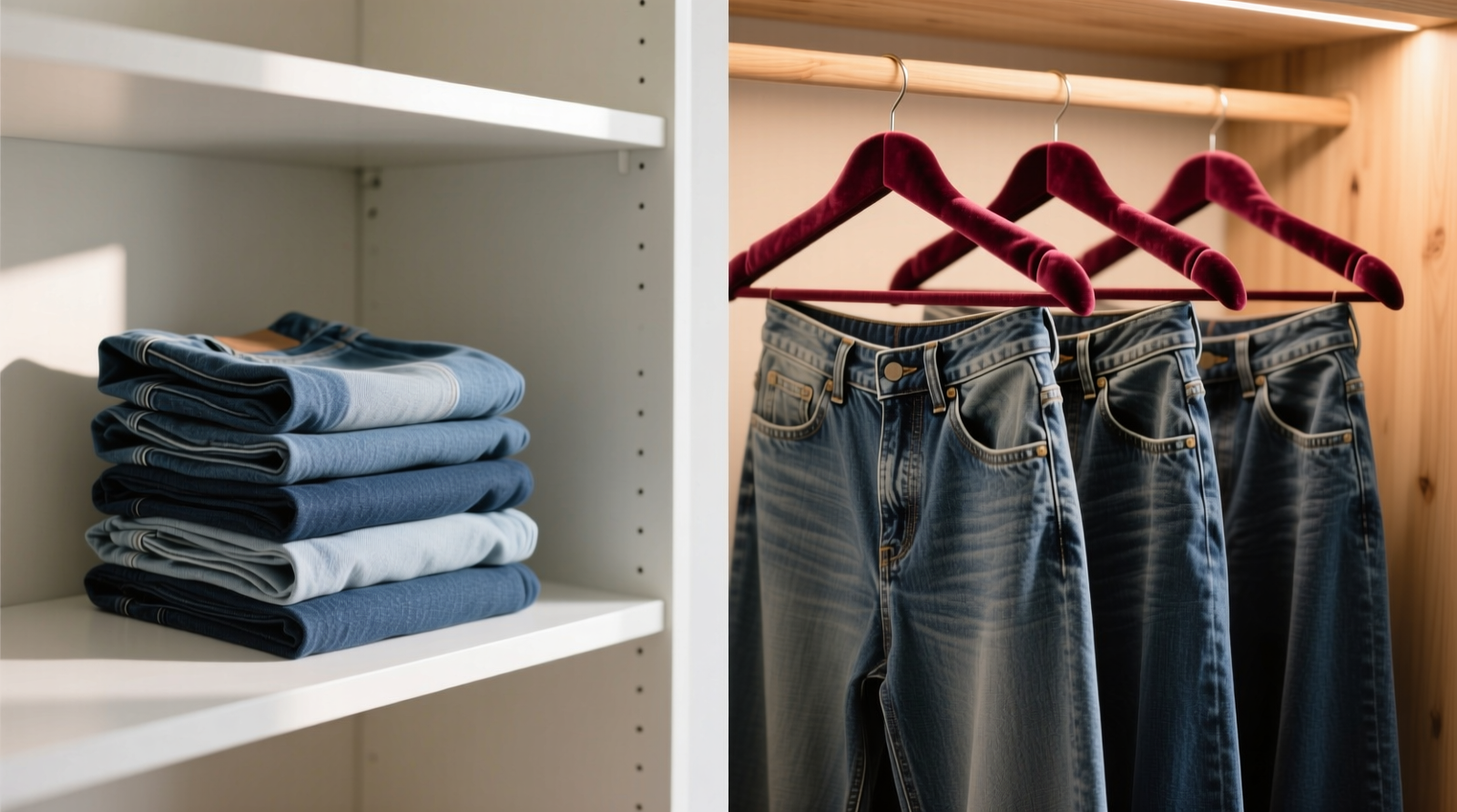 Side-by-side comparison: left shows six vertically folded jeans standing neatly in a shallow closet shelf; right shows three jeans hanging on velvet hangers with visible waistband distortion and thigh creases