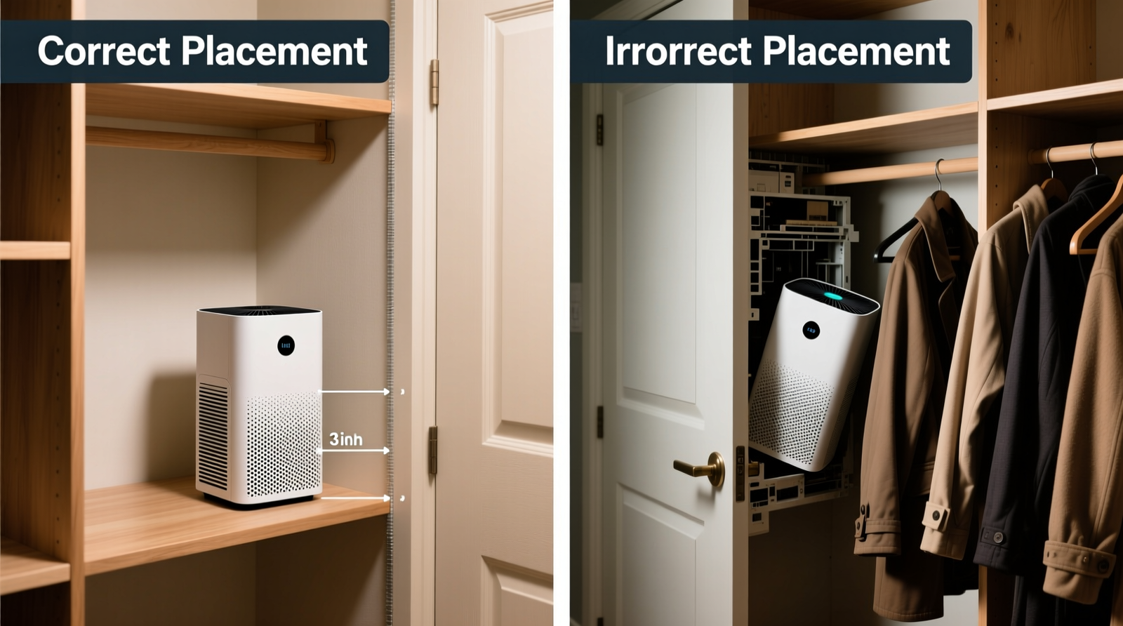 Side-by-side comparison showing proper placement of a compact carbon air purifier inside a closet: unit centered on shelf, 3 inches from back wall, door fully closed with weatherstripping visible, versus incorrect placement wedged behind coats with door ajar