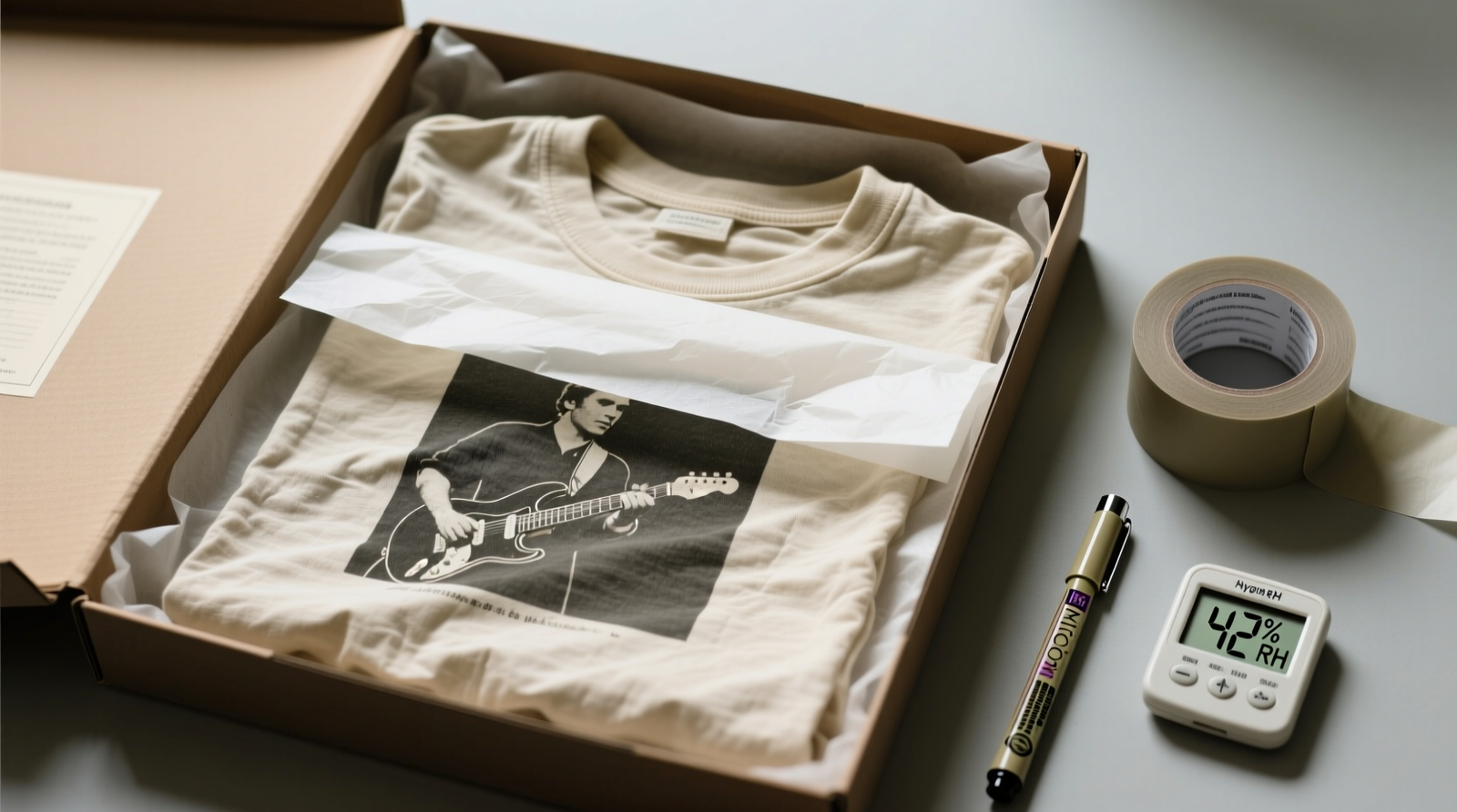 Top-down photo of three acid-free archival boxes labeled 'Nirvana ’91', 'Ramones ’77', and 'Stooges ’73', each containing one flat-folded vintage band tee interleaved with crisp white unbuffered tissue paper. Boxes sit on a climate-controlled shelf lined with black felt, no natural light visible.