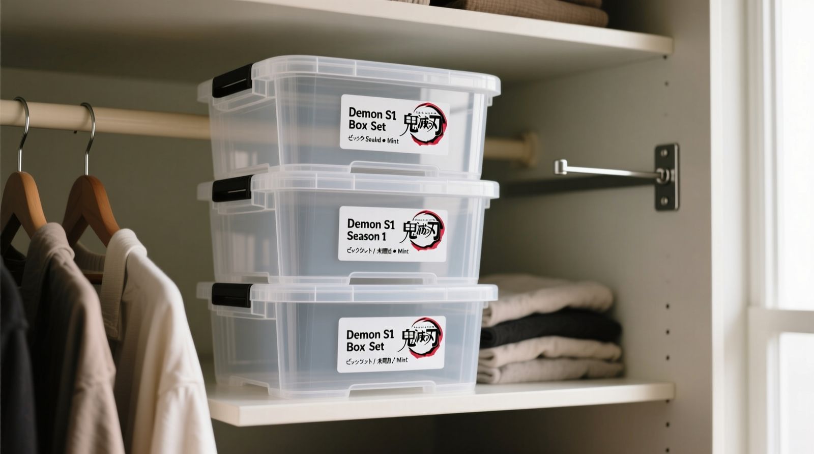 Three clear, stackable 12-inch deep plastic bins labeled in clean Japanese-English bilingual text: 'Demon Slayer S1 Box Set • Sealed • Mint', arranged vertically on a closet shelf above hanging clothes, with a small wall-mounted bracket holding a fourth bin at eye level.