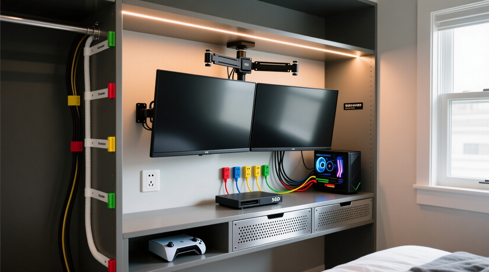 A narrow bedroom closet converted into a gaming station: wall-mounted monitor arms, labeled cables running cleanly in white adhesive raceways along the left jamb, a ventilated open-shelf unit holding a console and SSD dock, and a surge protector mounted flush to the back panel with color-coded cords